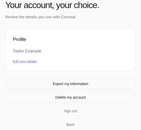 Conceal preview account settings with export and delete actions