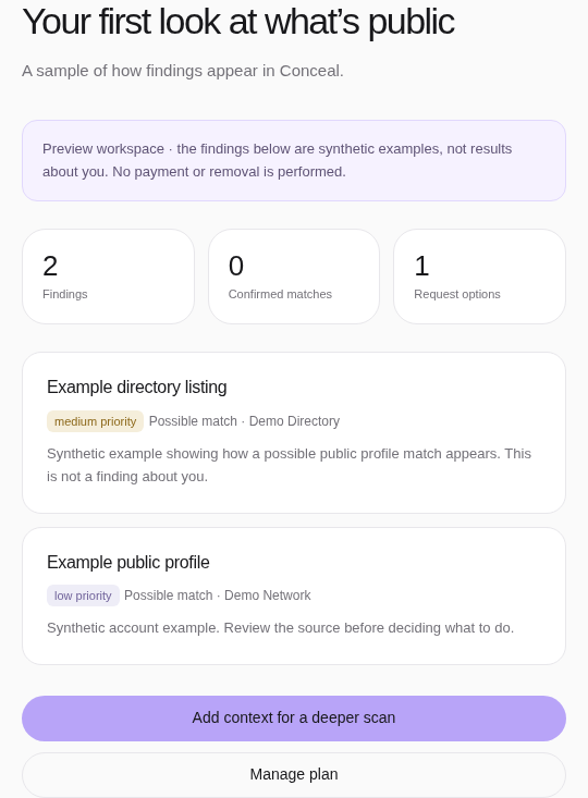Actual Conceal preview showing synthetic sample data